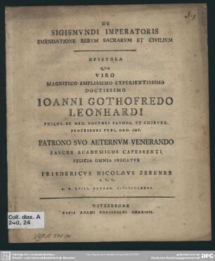 De Sigismundi Imperatoris Emendatione Rerum Sacrarum Et Civilium