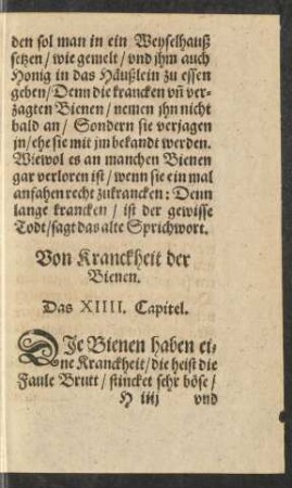 Von Kranckheit der Bienen. Das XIIII. Capitel.
