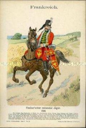 Uniformdarstellung, Gemeiner des Jäger-Korps zu Pferde "Fischer", Königreich Frankreich, 1743.