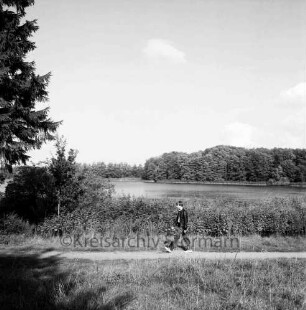 Wanderweg um den Herrenteich: Jugendlicher auf Weg: hinten See, gegenüberliegendes Ufer