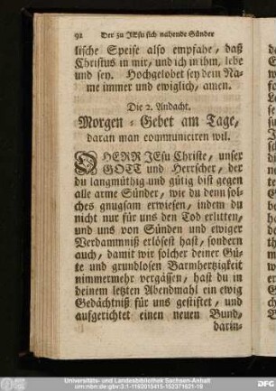 Die 2. Andacht. Morgen-Gebet am Tage, daran man communiciren wil.