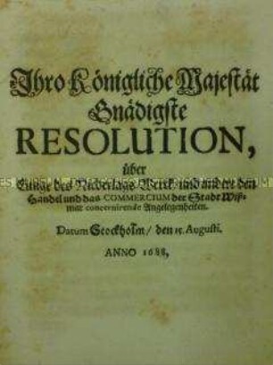 Königliche Resolution zum Handel der Stadt Wismar