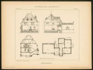 Villa Menzelstraße, Berlin-Grunewald: Grundriss, Schnitt und Ansichten (aus: Die Villenkolonie Grunewald, hrsg. von Egon Hessling, Berlin 1903)