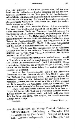 Aus dem Briefwechsel des Herzogs Friedrich Christian zu Schleswig-Holstein, Briefanhang zur Biographie 1910, hrsg. von Hans Schulz : Stuttgart u.a., Dt. Verl.-Anst., 1913