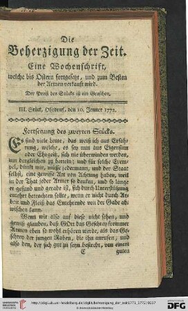 III. Stueck, Ohrdruf, den 10. Jenner 1772.