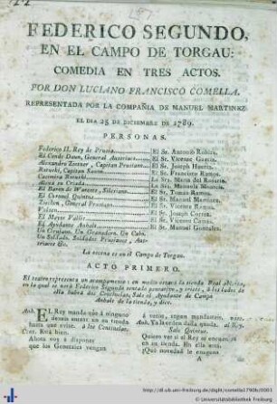 Federico segundo en el campo de Torgau : comedia en tres actos