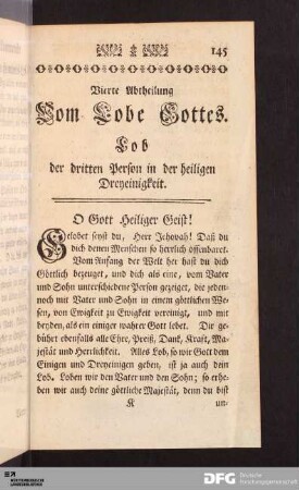Vierte Abtheilung Vom Lobe Gottes. Lob der dritten Person in der heiligen Dreyeinigkeit.