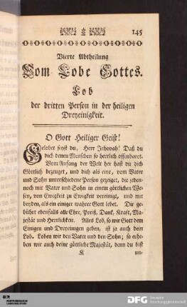 Vierte Abtheilung Vom Lobe Gottes. Lob der dritten Person in der heiligen Dreyeinigkeit.
