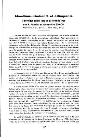 547-548, Alcoolisme, criminalité et délinquance (L'alcoolique devant l'expert et devant le juge), par P. Perrin et Geneviève Simon