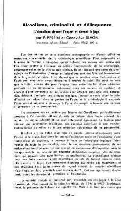 547-548, Alcoolisme, criminalité et délinquance (L'alcoolique devant l'expert et devant le juge), par P. Perrin et Geneviève Simon