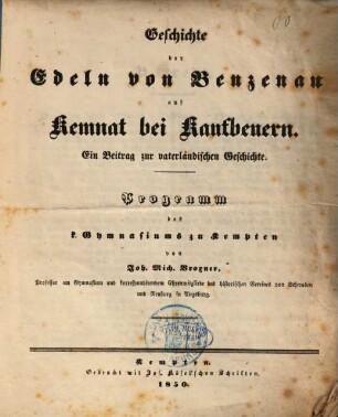 Geschichte der Edlen von Benzenau auf Kemnat bei Kaufbeuern : ein Beitrag zur vaterländischen Geschichte