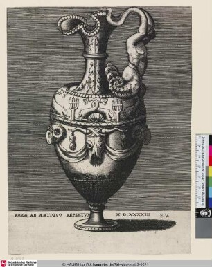 [Aiguière à une seule anse qui est à droite, et qui représente un homme; Ewer with a Figure, Rinceaux and Dolphins; Vase mit einer Figur, Laubwerk und Delphinen]