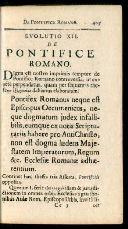 Evolutio XII. De Pontifice Romano.