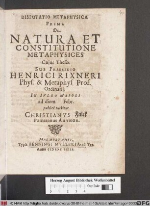 Disputatio Metaphysica Prima De Natura Et Constitutione Metaphysices