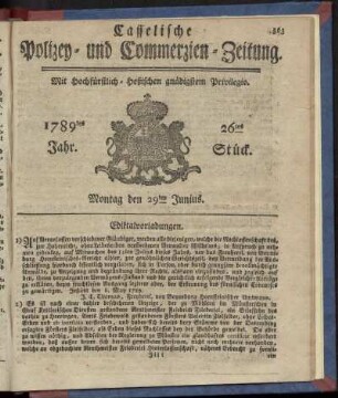 26tes Stueck, Montag den 29ten Junius. 1789