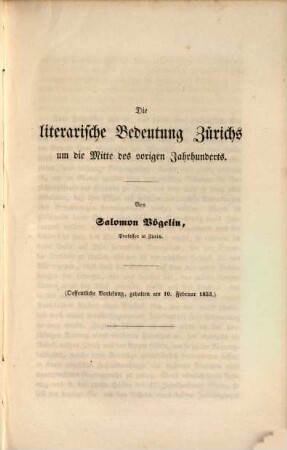 Die literarische Bedeutung Zürichs um die Mitte des vorigen Jahrhunderts