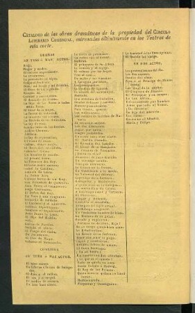 Catálogo de las obras dramáticas de la propiedad del Círculo Literario Comercial, estrenadas últimamente en los teatros de esta corte