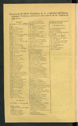 Catálogo de las obras dramáticas de la propiedad del Círculo Literario Comercial, estrenadas últimamente en los teatros de esta corte