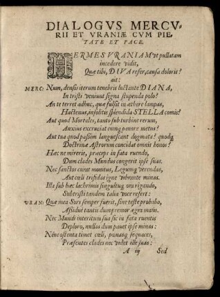 Dialogus Mercurii Uraniae Cum Pietate Et Pace.