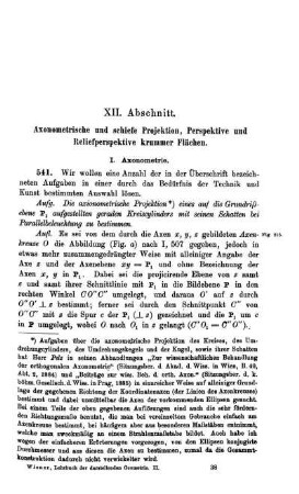 XII. Abschnitt. Axonometrische und schiefe Projektion, Perspektive und Reliefperspektive krummer Flächen.