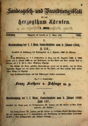 Landes-Gesetz- und Verordnungsblatt für das Herzogthum Kärnten. 1866