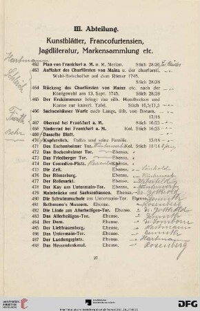 III. Abteilung: Kunstblätter, Francofurtensien, Jagdliteratur, Markensammlung etc. (Nr. 462 - 539)