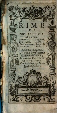 Rime Di Gio. Battista Marino : Amorose, Marittime, Boscherecce, Heroiche, Lugubri, Morali, Sacre, & Varie. 1