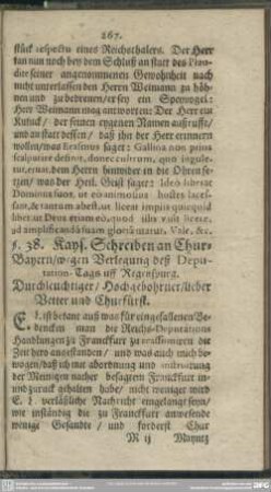 §. 38. Kays. Schreiben an Chur-Bayern, wegen Verlegung deß Deputation-Tags uff Regenspurg