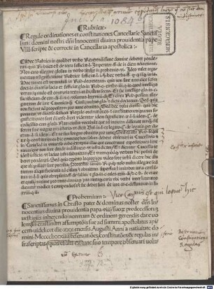 Regulae cancellariae apostolicae : Rom, 1484.09.13. Mit Kommentar von Alphonsus de Soto