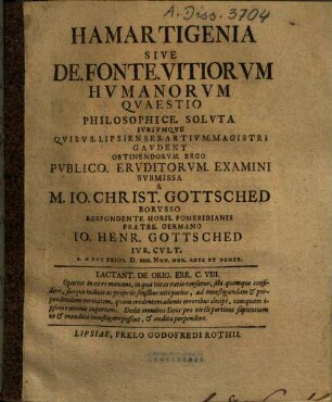 Hamartigenia Sive De Fonte Vitiorum Humanorum : Quaestio Philosophice Soluta