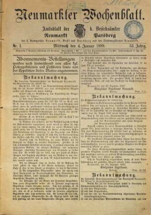 Neumarkter Wochenblatt : nationale Tageszeitung für die südwestliche Oberpfalz ; ältestes Heimatblatt ; Neumarkter Volkszeitung. 1888 = Jg. 53