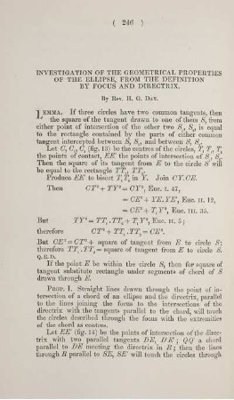 Investigation of the geometrical properties of the ellipse, from the definition by focus and directrix.