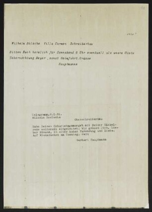 Brief von Gerhart Hauptmann an Wilhelm Bölsche