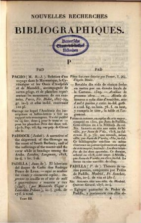 Nouvelles recherches bibliographiques : pour servir de supplément au Manuel du libraire et de l'amateur de livres. 3, P - Z