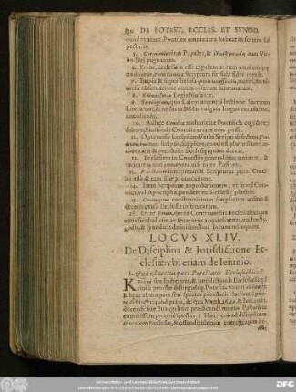 Locus XLIV. De Disciplina & Iurisdictione Ecclesiae ubi etiam de Ieiunio.