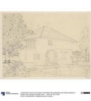 Darmstadt, Projekt dreier Hausentwürfe für die Gartenvorstadt am Hohlen Weg, zweigeschossiges Haus, Perspektive, im Hintergrund Silhouette der Mathildenhöhe