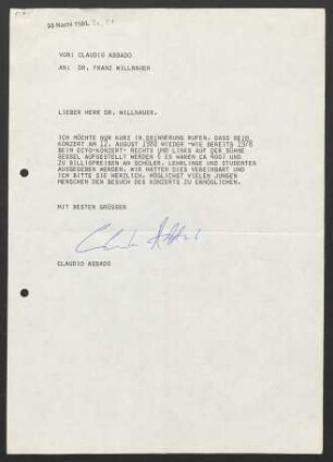 Brief an Franz Willnauer, 1988 [o.D.]