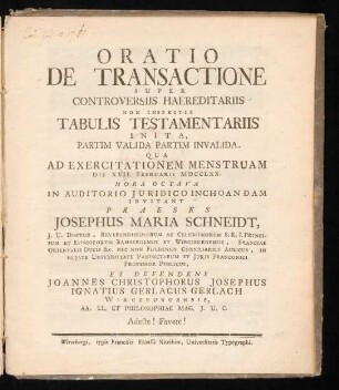 Oratio De Transactione Super Controversiis Haereditariis Non Inspectis Tabulis Testamentariis Inita, Partim Valida Partim Invalida