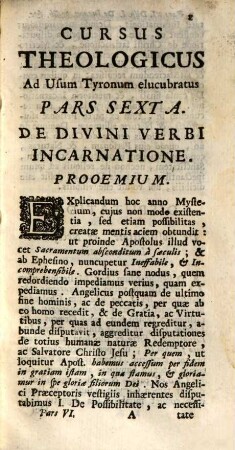 Cursus Theologicus, 6. De Divini Verbi Incarnatione