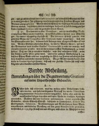 Vierdte Abtheilung. Anmerckungen über die Beantwortung Gratiani auf meine Unpartheyische Gedancken.
