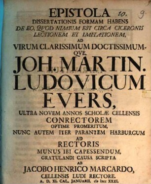 Epistola, dissertationis formam habens de eo, quod nimium est circa Ciceronis lectionem et imitationem, ad J. M. L. Evers