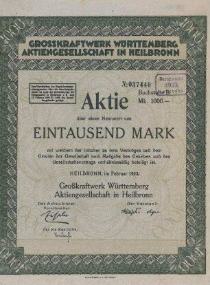 Aktie der Großkraftwerk Württemberg AG (Growag) Heilbronn Nr. 37440 über 1000 Mark