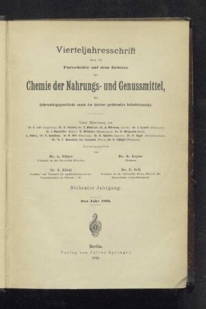 7.1892: Vierteljahresschrift über die Fortschritte auf dem Gebiete der Chemie der Nahrungs- und Genußmittel, der Gebrauchsgegenstände sowie der hierher gehörenden Industriezweige