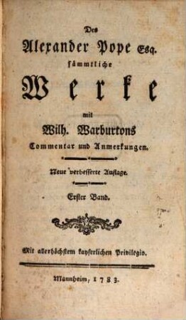 Des Alexander Pope sämmtliche Werke, Bd. 1