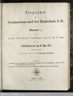 1874/75: Programm des Gymnasiums und der Realschule I. Ordnung zu Plauen
