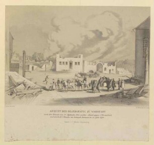 "Ansicht der Brandstätte zu Waibstadt nach dem Brande vom 17. September 1847, welcher Abends gegen 5 Uhr ausbrach und innerhalb 7 Stunden 104 Gebäude, Scheunen etc. in Asche legte."