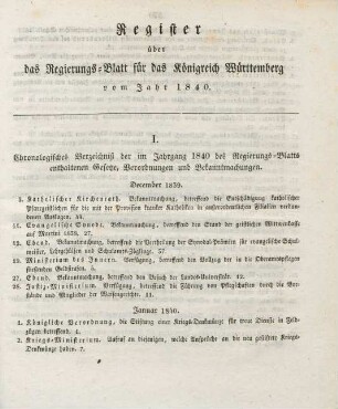 I. Chronologisches Verzeichniß der im Jahrgang 1840 des Regierungs-Blatts enthaltenen Gesetze, Verordnungen und Bekanntmachungen