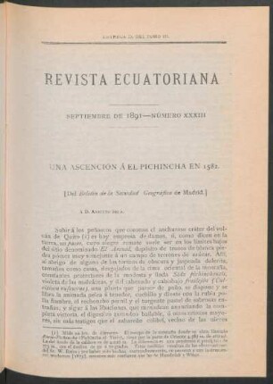 Una ascención á el Pichincha en 1582 : [Del Boletín de la Sociedad Geográfica de Madrid]