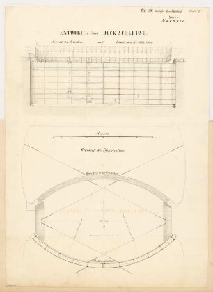 Dockanlage Monatskonkurrenz Juli 1869: Schleusentor: Grundriss, Aufriss, Vertikalschnitt; Maßstabsleiste