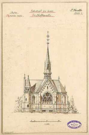 Begräbniskapelle Monatskonkurrenz März 1895: Aufriss Seitenansicht; Maßstabsleiste